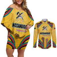 Mozambique Couples Matching Off Shoulder Short Dress and Long Sleeve Button Shirt with Yellow Red Green Swirl Design and Independence Day - Wonder Print Shop