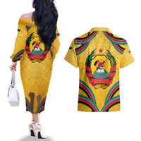 Mozambique Couples Matching Off The Shoulder Long Sleeve Dress and Hawaiian Shirt with Yellow Red Green Swirl Design and Independence Day - Wonder Print Shop