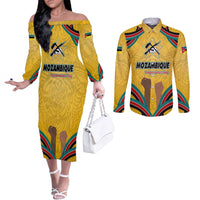 Mozambique Couples Matching Off The Shoulder Long Sleeve Dress and Long Sleeve Button Shirt with Yellow Red Green Swirl Design and Independence Day - Wonder Print Shop