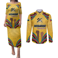 Mozambique Couples Matching Puletasi and Long Sleeve Button Shirt with Yellow Red Green Swirl Design and Independence Day - Wonder Print Shop
