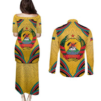 Mozambique Couples Matching Puletasi and Long Sleeve Button Shirt with Yellow Red Green Swirl Design and Independence Day - Wonder Print Shop