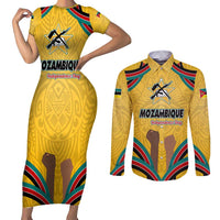 Mozambique Couples Matching Short Sleeve Bodycon Dress and Long Sleeve Button Shirt with Yellow Red Green Swirl Design and Independence Day - Wonder Print Shop