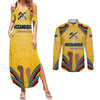 Mozambique Couples Matching Summer Maxi Dress and Long Sleeve Button Shirt with Yellow Red Green Swirl Design and Independence Day - Wonder Print Shop