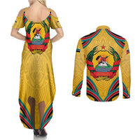 Mozambique Couples Matching Summer Maxi Dress and Long Sleeve Button Shirt with Yellow Red Green Swirl Design and Independence Day - Wonder Print Shop