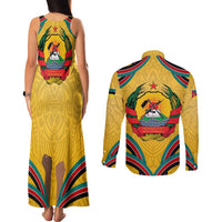 Mozambique Couples Matching Tank Maxi Dress and Long Sleeve Button Shirt with Yellow Red Green Swirl Design and Independence Day - Wonder Print Shop