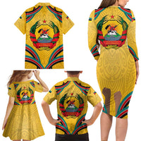 Mozambique Family Matching Long Sleeve Bodycon Dress and Hawaiian Shirt with Yellow Red Green Swirl Design and Independence Day - Wonder Print Shop