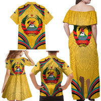 Mozambique Family Matching Off Shoulder Maxi Dress and Hawaiian Shirt with Yellow Red Green Swirl Design and Independence Day - Wonder Print Shop