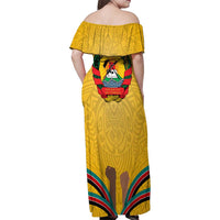 Mozambique Family Matching Off Shoulder Maxi Dress and Hawaiian Shirt with Yellow Red Green Swirl Design and Independence Day - Wonder Print Shop