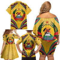 Mozambique Family Matching Off Shoulder Short Dress and Hawaiian Shirt with Yellow Red Green Swirl Design and Independence Day - Wonder Print Shop