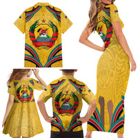 Mozambique Family Matching Short Sleeve Bodycon Dress and Hawaiian Shirt with Yellow Red Green Swirl Design and Independence Day - Wonder Print Shop