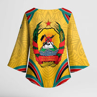 Mozambique Kimono Sleeve Blouse with Yellow Red Green Swirl Design and Independence Day - Wonder Print Shop