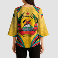 Mozambique Kimono Sleeve Blouse with Yellow Red Green Swirl Design and Independence Day - Wonder Print Shop