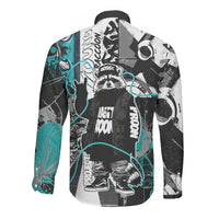 Urban Rebel Raccoon Long Sleeve Button Shirt Grunge Graffiti Street Art Abstract Collage Pop Culture