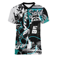 Urban Rebel Raccoon Women V-Neck T-Shirt Grunge Graffiti Street Art Abstract Collage Pop Culture