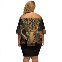Cadmus Dragon Slayer Off Shoulder Short Dress Mythological Beast Battle Vintage Greek