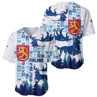 Finland Christmas Baseball Jersey with Reindeer Forest Crest and Nordic Pattern Design - Wonder Print Shop