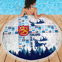 Finland Christmas Beach Blanket with Reindeer Forest Crest and Nordic Pattern Design - Wonder Print Shop