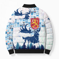 Finland Christmas Bomber Puffer Jacket with Reindeer Forest Crest and Nordic Pattern Design - Wonder Print Shop