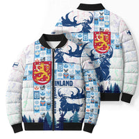 Finland Christmas Bomber Puffer Jacket with Reindeer Forest Crest and Nordic Pattern Design - Wonder Print Shop