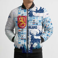 Finland Christmas Bomber Puffer Jacket with Reindeer Forest Crest and Nordic Pattern Design - Wonder Print Shop