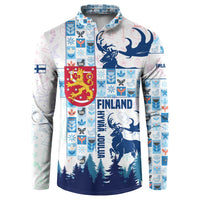 Finland Christmas Button Sweatshirt with Reindeer Forest Crest and Nordic Pattern Design - Wonder Print Shop