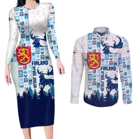 Finland Christmas Couples Matching Long Sleeve Bodycon Dress and Long Sleeve Button Shirt with Reindeer Forest Crest and Nordic Pattern Design - Wonder Print Shop