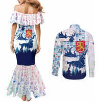 Finland Christmas Couples Matching Mermaid Dress and Long Sleeve Button Shirt with Reindeer Forest Crest and Nordic Pattern Design - Wonder Print Shop