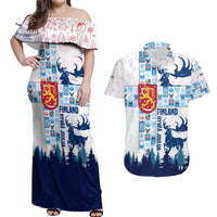 Finland Christmas Couples Matching Off Shoulder Maxi Dress and Hawaiian Shirt with Reindeer Forest Crest and Nordic Pattern Design - Wonder Print Shop