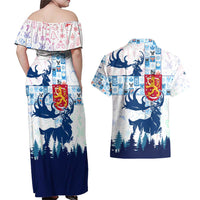 Finland Christmas Couples Matching Off Shoulder Maxi Dress and Hawaiian Shirt with Reindeer Forest Crest and Nordic Pattern Design - Wonder Print Shop