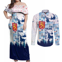 Finland Christmas Couples Matching Off Shoulder Maxi Dress and Long Sleeve Button Shirt with Reindeer Forest Crest and Nordic Pattern Design - Wonder Print Shop