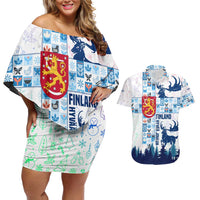 Finland Christmas Couples Matching Off Shoulder Short Dress and Hawaiian Shirt with Reindeer Forest Crest and Nordic Pattern Design - Wonder Print Shop