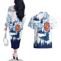 Finland Christmas Couples Matching Off The Shoulder Long Sleeve Dress and Hawaiian Shirt with Reindeer Forest Crest and Nordic Pattern Design - Wonder Print Shop