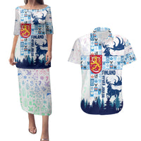 Finland Christmas Couples Matching Puletasi and Hawaiian Shirt with Reindeer Forest Crest and Nordic Pattern Design - Wonder Print Shop