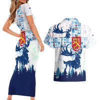 Finland Christmas Couples Matching Short Sleeve Bodycon Dress and Hawaiian Shirt with Reindeer Forest Crest and Nordic Pattern Design - Wonder Print Shop