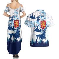 Finland Christmas Couples Matching Summer Maxi Dress and Hawaiian Shirt with Reindeer Forest Crest and Nordic Pattern Design - Wonder Print Shop