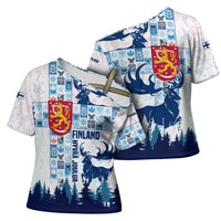 Finland Christmas Cross Shoulder Shirt with Reindeer Forest Crest and Nordic Pattern Design - Wonder Print Shop