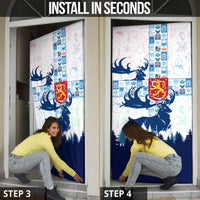 Finland Christmas Door Cover with Reindeer Forest Crest and Nordic Pattern Design - Wonder Print Shop