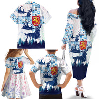 Finland Christmas Family Matching Off The Shoulder Long Sleeve Dress and Hawaiian Shirt with Reindeer Forest Crest and Nordic Pattern Design - Wonder Print Shop