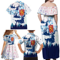 Finland Christmas Family Matching Off Shoulder Maxi Dress and Hawaiian Shirt with Reindeer Forest Crest and Nordic Pattern Design - Wonder Print Shop