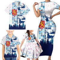 Finland Christmas Family Matching Short Sleeve Bodycon Dress and Hawaiian Shirt with Reindeer Forest Crest and Nordic Pattern Design - Wonder Print Shop