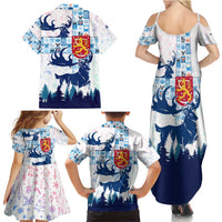 Finland Christmas Family Matching Summer Maxi Dress and Hawaiian Shirt with Reindeer Forest Crest and Nordic Pattern Design - Wonder Print Shop