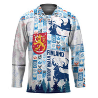 Finland Christmas Hockey Jersey with Reindeer Forest Crest and Nordic Pattern Design - Wonder Print Shop