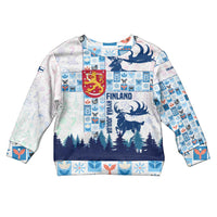 Finland Christmas Kid Ugly Christmas Sweater with Reindeer Forest Crest and Nordic Pattern Design - Wonder Print Shop