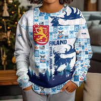 Finland Christmas Kid Ugly Christmas Sweater with Reindeer Forest Crest and Nordic Pattern Design - Wonder Print Shop