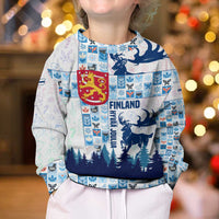 Finland Christmas Kid Ugly Christmas Sweater with Reindeer Forest Crest and Nordic Pattern Design - Wonder Print Shop