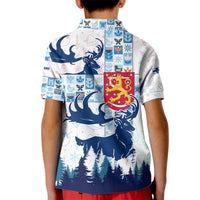 Finland Christmas Kid Polo Shirt with Reindeer Forest Crest and Nordic Pattern Design - Wonder Print Shop