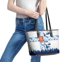 Finland Christmas Leather Tote Bag with Reindeer Forest Crest and Nordic Pattern Design - Wonder Print Shop