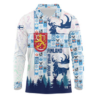 Finland Christmas Long Sleeve Polo Shirt with Reindeer Forest Crest and Nordic Pattern Design - Wonder Print Shop