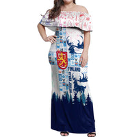 Finland Christmas Off Shoulder Maxi Dress with Reindeer Forest Crest and Nordic Pattern Design - Wonder Print Shop
