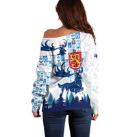 Finland Christmas Off Shoulder Sweater with Reindeer Forest Crest and Nordic Pattern Design - Wonder Print Shop